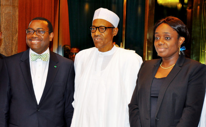 From left: President, African Development Bank, Dr Akinwumi Adesina; President Muhammadu Buhari; and Minister of Finance, Mrs.  Kemi Adeosun during the visit of the AfDB delegate to the Presidential Villa in Abuja Monday.
