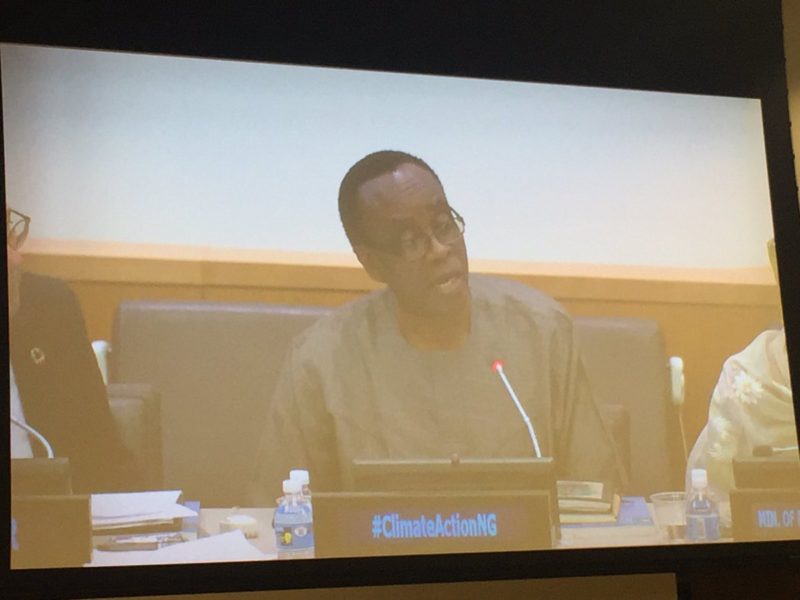 Nnimmo Bassey is captured on the screens as he reflects on climate finance and climate justice at the UNGA side event