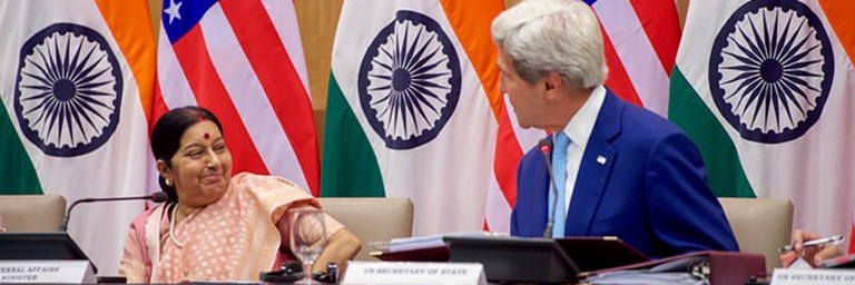 External Affairs Minister of India Sushma Swaraj with U.S. Secretary of State John F. Kerry, during the second India-U.S. Strategic and Commercial Dialogue in New Delhi on 31 August, where both countries reiterated their commitment to implement the climate pact