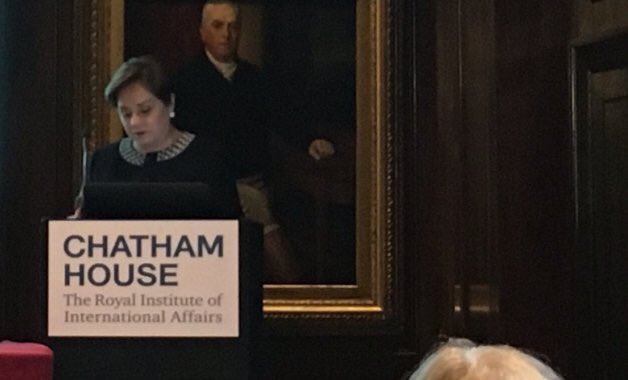 Patricia Espinosa, Executive Secretary of the United Nations Framework Convention on Climate Change (UNFCCC), addresses audience at Chatham House in London. She thanked them for their contributions to the Paris Agreement
