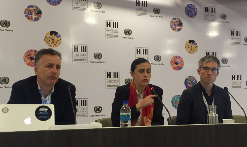 From left to right: Owen Gaffney, Anne-Hélène Prieur-Richard and Timon McPhearson speak at a press briefing on the last day of the Habitat III summit in Quito, Ecuador. Credit: UN Photo