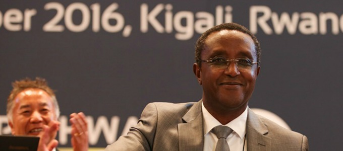 President of the 28th Meeting of the Parties to Montreal Protocol in Kigali, Vincent Biruta of Rwanda, brings the gavel down marking the adoption of the Kigali Amendment