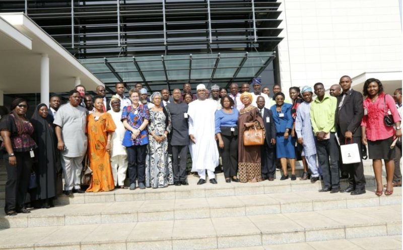 Dr Abubakar Bukola Saraki (centre), Senators Oluremi Tinubu, Sam Egwu and Rose Oko in a group photograph with Members of the Nigerian Alliance for Clean Cookstoves