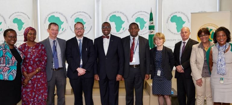 From left to right: Ginette Nzau Muteta, Manager Health Division, AfDB; Maimouna Diop Ly, Principal Health Analyst, Human Development Department, AfDB;  Shawn Baker, Director, Nutrition Team, BMGF; Neil Watkins, Interim Deputy Director, Agriculture & Nutrition Advocacy and Communications, BMGF; Akinwumi Adesina, President, AfDB and GloPan Member; Victor Ajieroh, Senior Programme Officer, Nutrition, BMGF and Global Panel Representative; Sandy Thomas, Director, GloPan; Jon Parke, Consultant, GloPan; Sunita Pitamber, Head of the Fragile States Unit, AfDB; and Valerie Dabady, Manager, Partnership and Mobilization Resources Unit, AfDB.