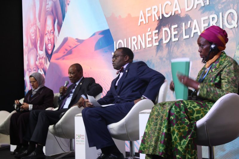 President, African Development Bank (AfDB), Akinwumi Adesina (second from right),  flanked by Rhoda Peace Tumusiime (AU Commissioner for Rural Economy & Agriculture) (right) and the President of Guinea, Alpha Condé, during the Africa Day forum on AREI