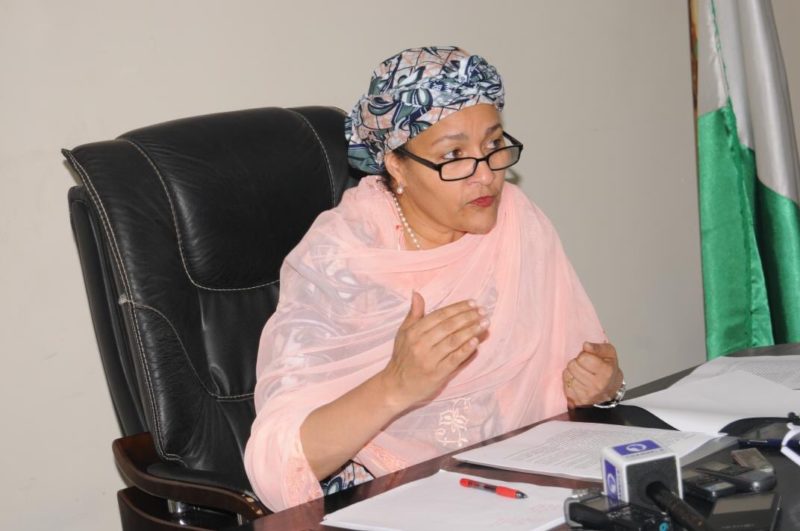 Environment Minister, Amina Mohammed, briefing the press in Abuja on Friday. She claims the Trump climate denier stance has no basis in reality