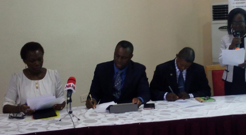 Nigeria Country Director, United Nations Development Programme (UNDP), Dr Pa Lamin Beyai (second from left), Elizabeth Olofin (representing the NSC) (left); Kusimo David of the Department of Planning, Research & Statistics, GEF Desk Office (representing Director and GEF Operational Focal Point (OFP) in the Federal Ministry of Environment, Amos Tanko Ibrahim) (second right); and National Coordinator of the GEF-SGP, Mrs Ibironke Olabamise (right), at the event in Abuja last Wednesday