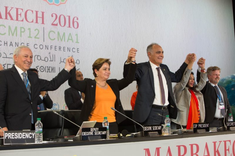 COP22 President,  Salaheddine Mezouar; UNFCCC executive secretary, Patricia Ispinosa, and others hail adoption of Marrakech Action Proclamation for Our Climate and Sustainable Development on Thursday in Marrakech, Morocco