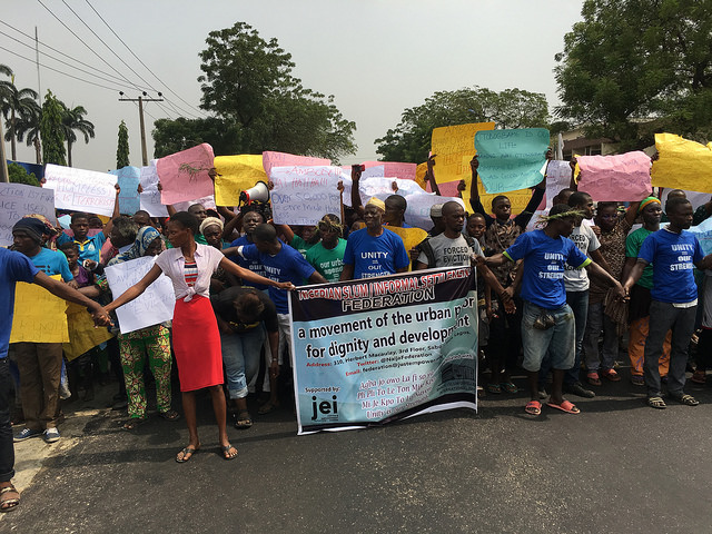 Members of the Nigerian Slum/Informal Settlement Federation protesting the forceful eviction of over 30,000 residents of the Otodo Gbame in Lagos and thousands more from Ebute-Ikate
