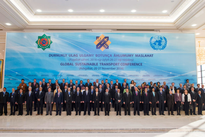 Group photo with the participants of the Ashgabat United Nations Global Sustainable Transport Conference in Turkmenistan. Photo credit: UN/Amanda Voisard