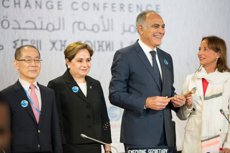 Left to right: Chair of the Intergovernmental Panel on Climate Change Hoesung Lee; UNFCC Executive Secretary Patricia Espinosa; COP 22 President Salaheddine Mezouar; and COP 21 President Ségolène Royal at the opening of COP22 in Marrakesh, Morocco, which officially assumed the COP22 presidency. Photo credit: UNFCCC