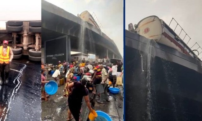Residents scoop fuel as diesel tanker overturns on Lagos bridge